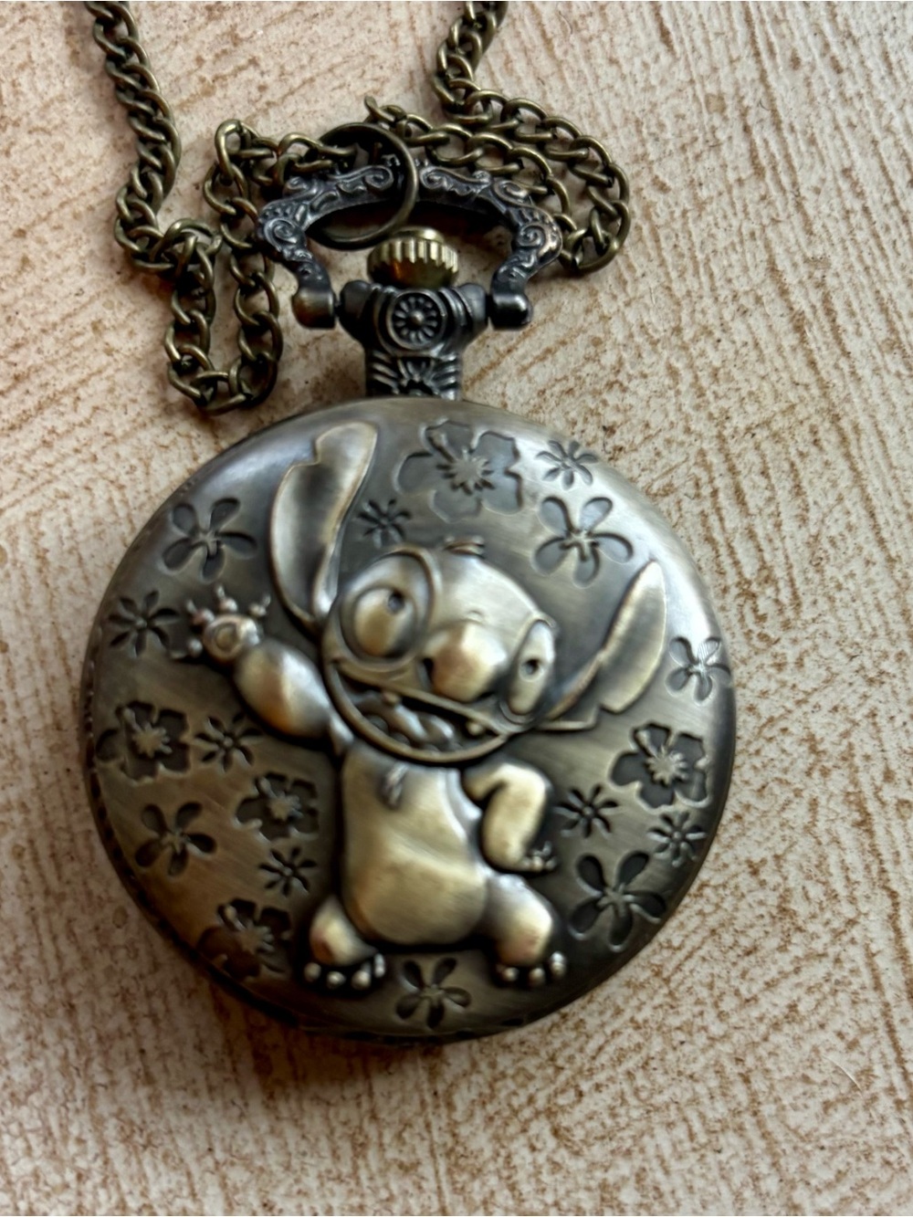Disney Antique Bronze Stitch Pocket Watch Necklace